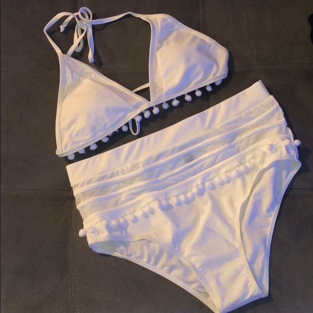NWT High Waisted White Pom Pom Bathing Suit